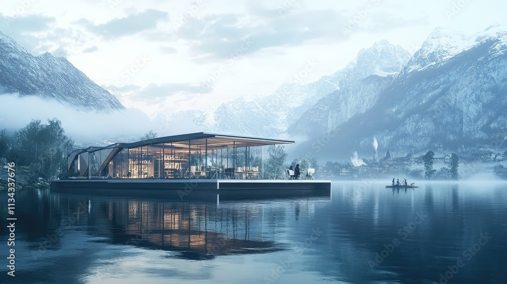 Poster a modular floating office building, featuring a flexible layout and sustainable design elements, flo