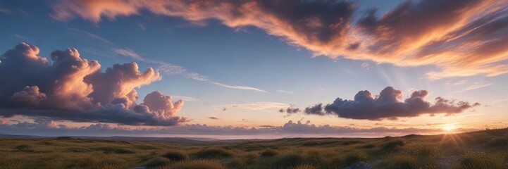 A serene and peaceful landscape features a vast expanse of blue sky dotted with wispy spindrift clouds at sunset, gentle breeze, calm sea