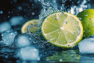 Limes splashing in water with ice cubes. Perfect for refreshing drink or summer ads.