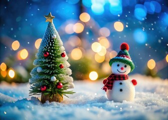 A miniature Christmas tree and snowman, nestled in a tilt-shift winter wonderland, evoke a charming snow scene.