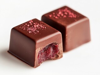 Two dark chocolate squares, fruit filling, sugar crystals.
