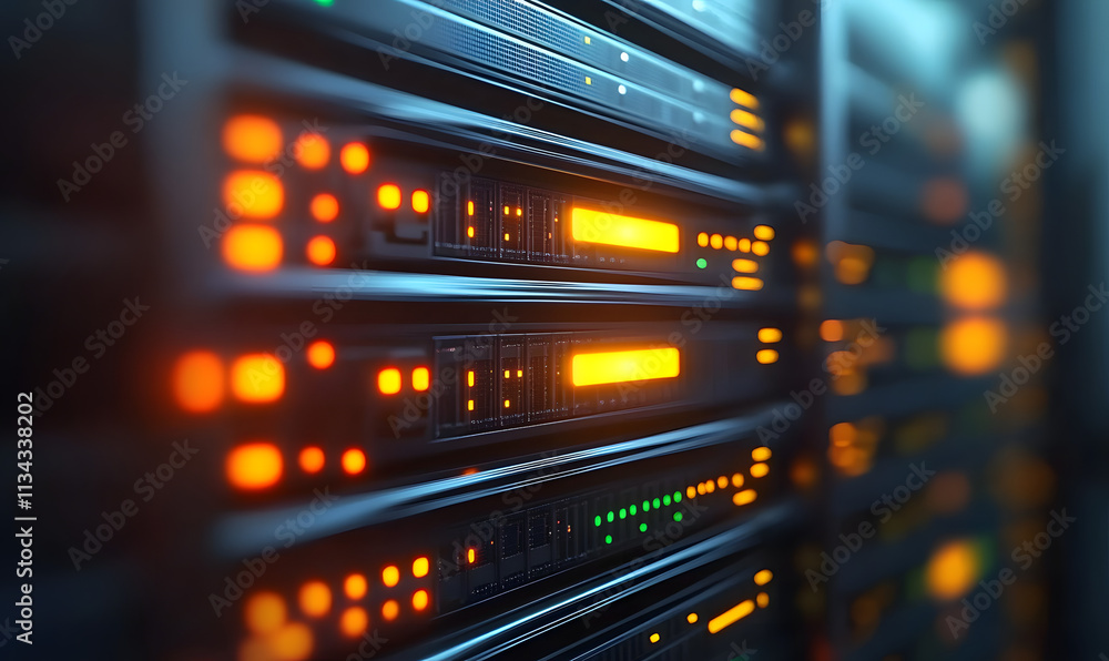 Poster close-up of server racks with illuminated indicators and cables.