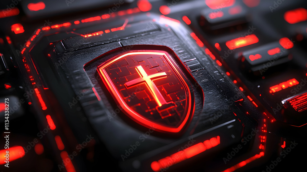 Poster glowing red cross inside a shield on a dark tech background.