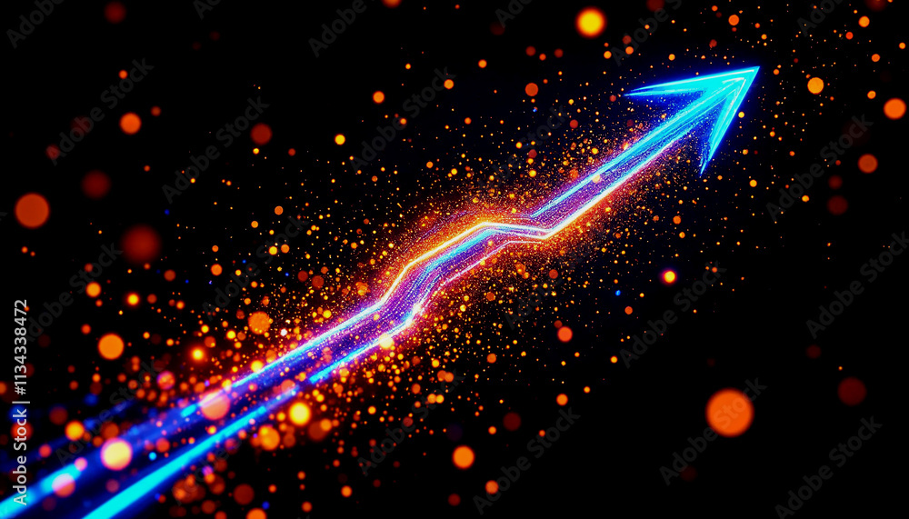 Poster in a digital world, futuristic blue arrows pointing forward with luminous particles represent advanc