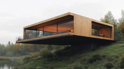 Obraz premium A modular house with cantilevered sections and angled roofs, set against a serene hillside landscape