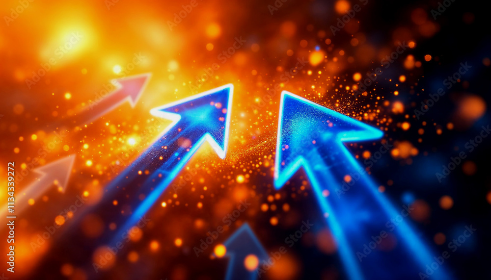 Poster in a digital world, futuristic blue arrows pointing forward with luminous particles represent advanc
