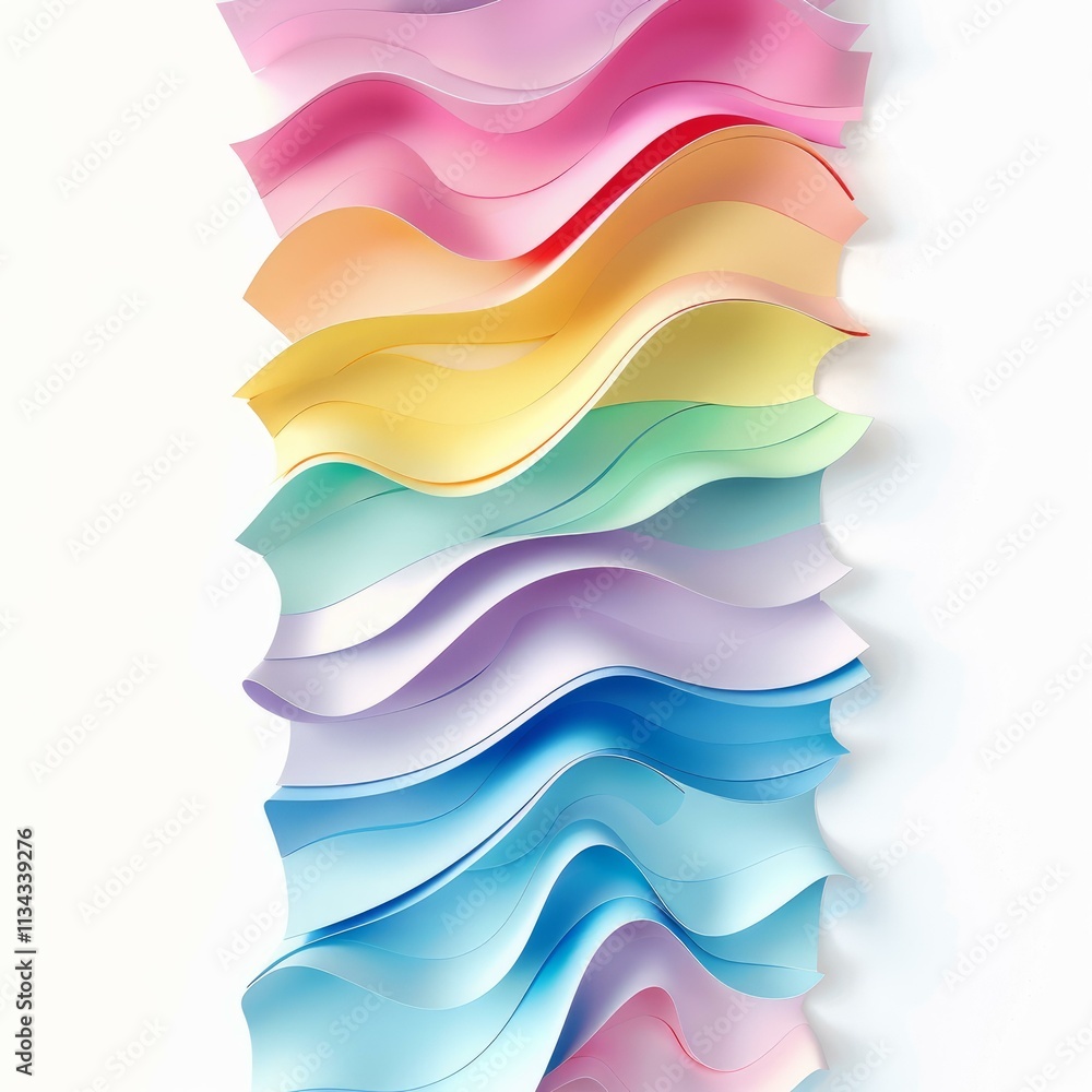 Poster colorful wavy paper stripes are creating a vibrant and dynamic pattern on a clean white background