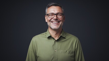 Obraz premium A portrait of a happy man wearing a green shirt and glasses, smiling at the camera against an isolated dark background. Concept for business success, stock photo photography, realistic, 