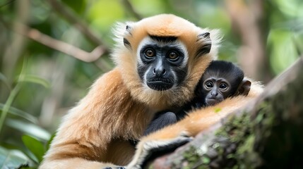 Obraz premium A mother gibbon cradles her baby in the branches of a tree.