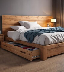 Low bed with wooden slats storage and drawers, low bed, furniture
