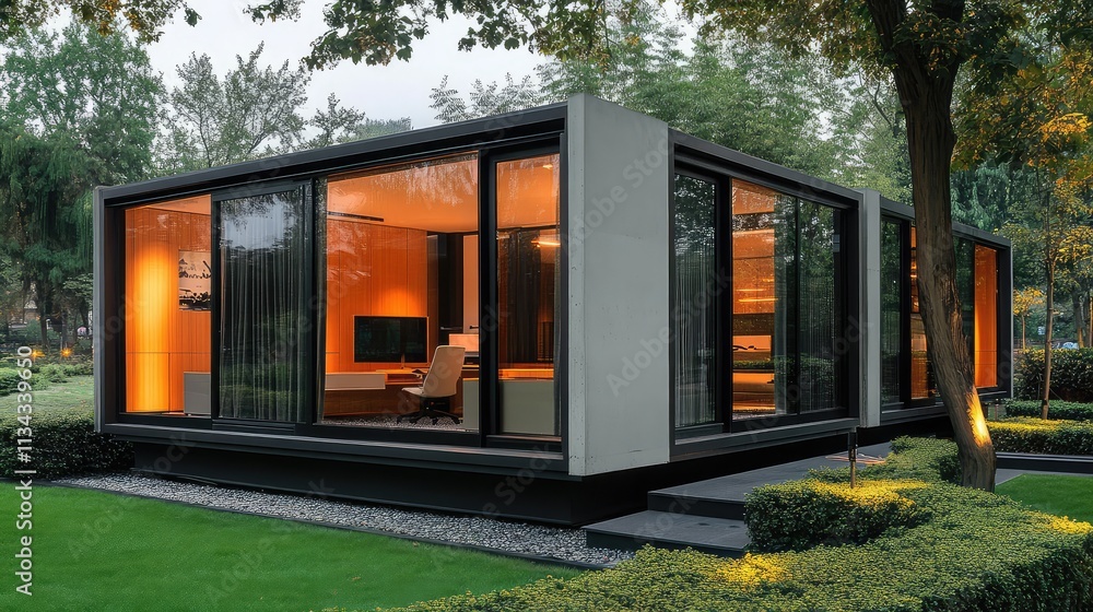 Poster a modular office building made of interlocking cubic units, showcasing a modern aesthetic with contr