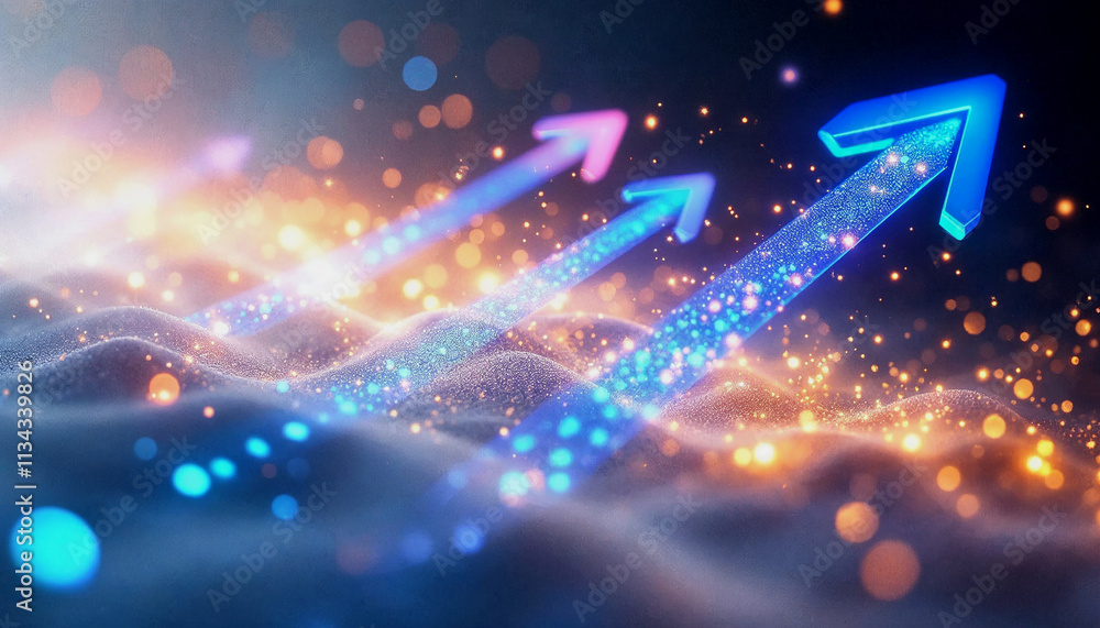 Poster in a digital world, futuristic blue arrows pointing forward with luminous particles represent advanc
