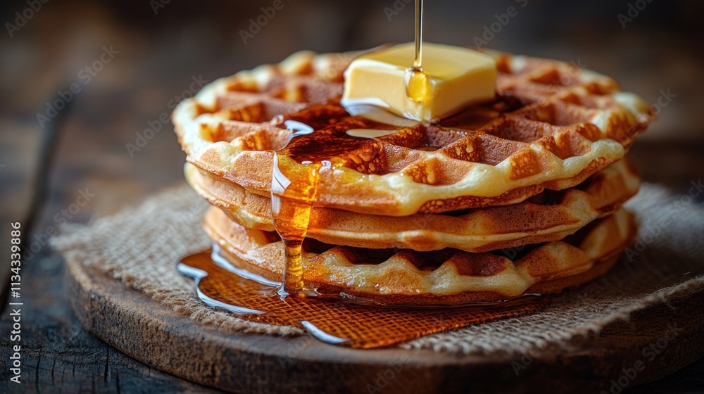 Poster stack of golden waffles drizzled with syrup and topped with a pat of butter.