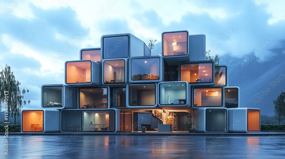 Poster a modular office building made of interlocking cubic units, showcasing a modern aesthetic with contr