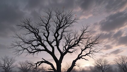 Obraz premium Bare tree branches stretching towards the grey sky, winter scene, cold weather