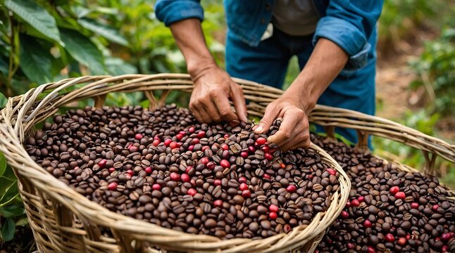 Harvesting ripe coffee cherries by hand in a lush green field under the bright sun, celebrating the essence of traditional farming techniques