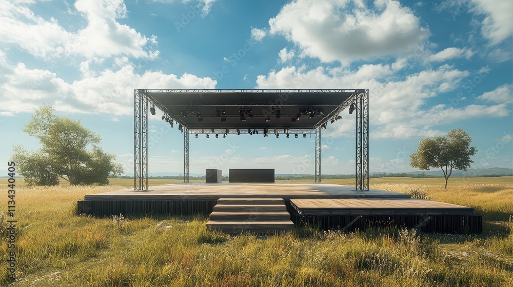 Poster a modular performance stage with interchangeable platforms, set in an open field for a contemporary 