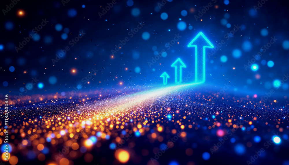 Poster in a digital world, futuristic blue arrows pointing forward with luminous particles represent advanc