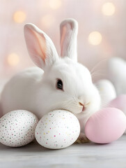 Happy Easter. Cute rabbit with decorated colorful easter eggs on pastel light blue background with copy space. Creative minimal concept for greeting card. Spring invitation, flyer, border, banner.