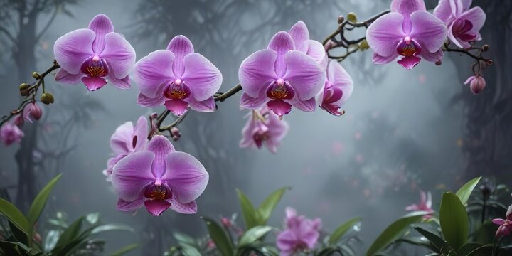 Blooming orchids in a misty or foggy environment, natural habitats, blooming flowers