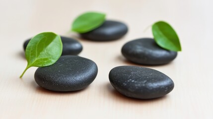 Zen stones with fresh leaves on light wooden surface.