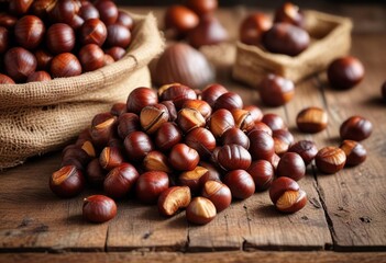 Obraz premium Traditional Portuguese roasted chestnuts on a wooden table , rustic, cozy
