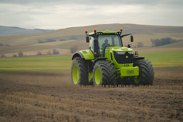 Fototapeta premium Green tractor plowing a field.