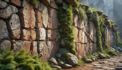 Old stone wall with prominent cracks and streaks of dirt and moss, worn, uneven stones