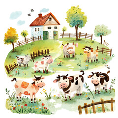 Naklejka premium Charming Watercolor Farm Scene with Happy Cows and Cozy Farmhouse