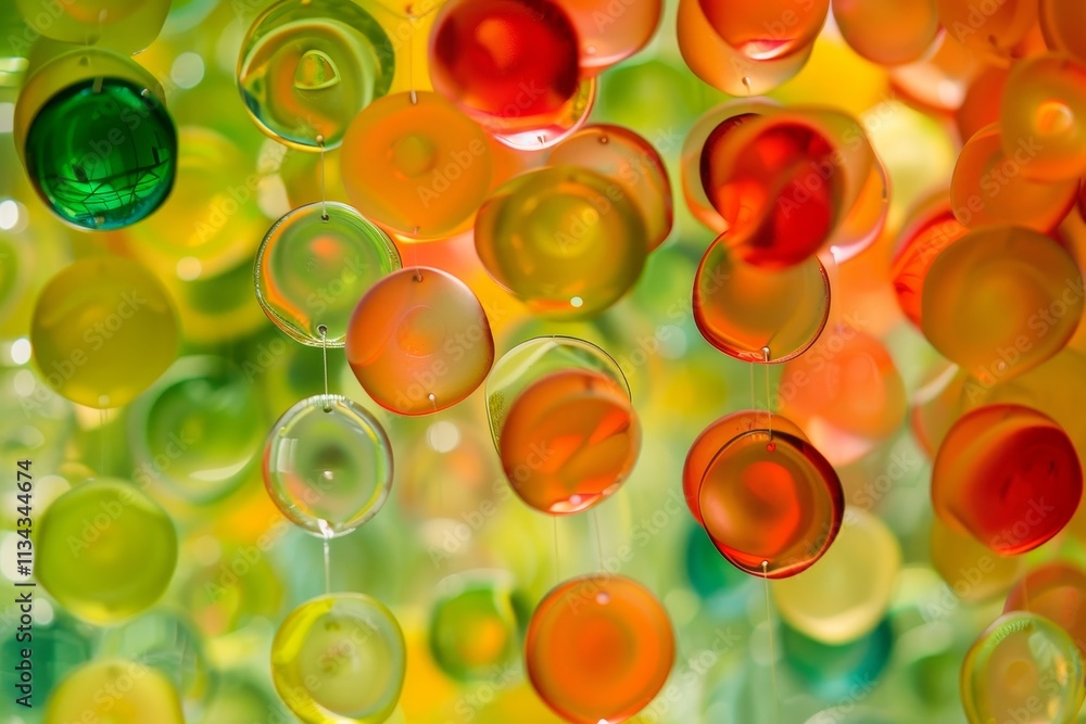 Poster translucent circles in various colors hang together, creating a lively backdrop that captures light 