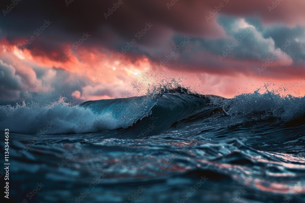 Poster powerful ocean waves roll and crash as the sun sets behind darkening clouds, creating a breathtaking