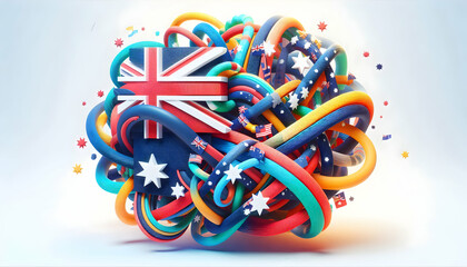 3D Soft Abstract Australia Day Unity concept as Soft abstract digital art background featuring intertwined Australian symbols and vibrant colors symbolizing national unity and celebration with ample c