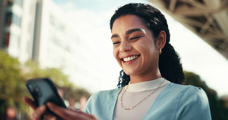 Woman, phone and happy in city for business, connectivity or latest economy news. Trader, mobile or...