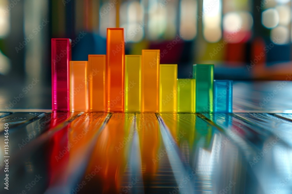 Poster a series of colorful transparent blocks in various heights are arranged to create a bar graph, refle