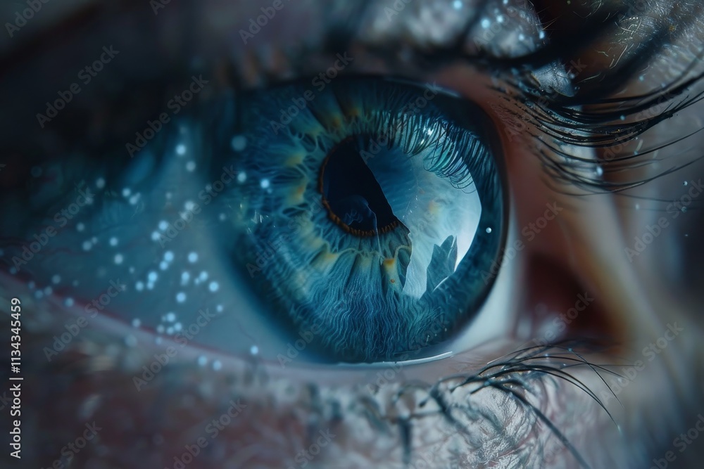 Poster a captivating blue eye glimmers with reflections and intricate patterns, highlighting its vibrant co