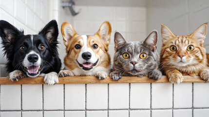Playful cats and dogs lined up in a bright setting, perfect for hilarious and funny animal-themed website banners or headers