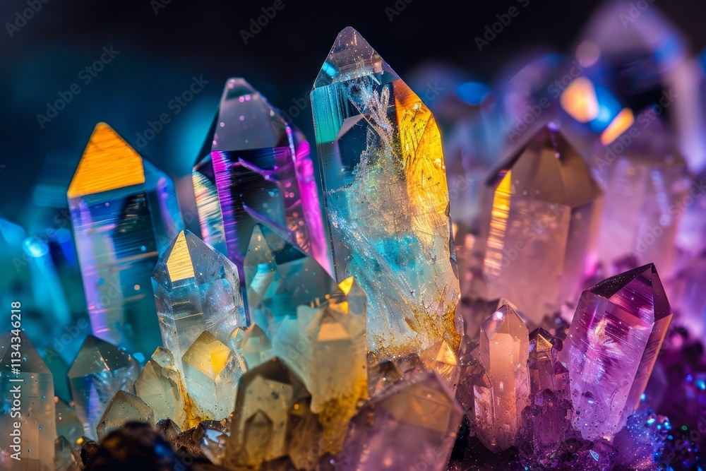 Poster stunningly colorful crystals are illuminated by soft light, showcasing intricate formations and vibr