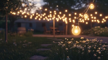 Warm evening garden lights strung over patio area.