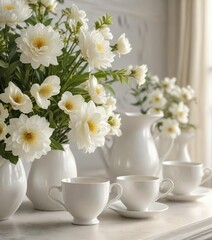 White tea cups arranged in a beautiful floral arrangement with matching decorative vases and accents, vase arrangement, white tea cup, minimalist