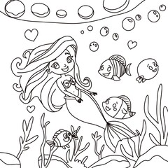 Mermaid sea fish outline illustration line art coloring page handmade for download 