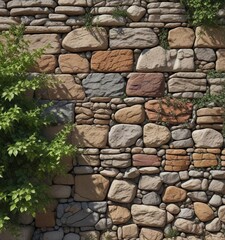 Stone wall with rock surfaced tiles and vines , plant, stone, greenery