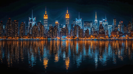 Obraz premium Vibrant cityscape with glowing skyscrapers and reflections, ideal for a corporate or nightlife-themed website banner