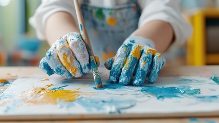 Close-up of child's hands creating a detailed pet portrait.