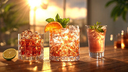 Refined mixology display with cocktails and garnishes, ideal for chic and elegant background header or website banner designs