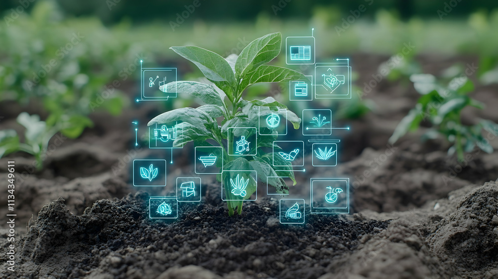 Poster smart farming technology a young plant in soil with digital icons representing data and automation.