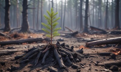 Fototapeta premium Small pine tree sapling emerging from charred forest ground, ecosystem, flames