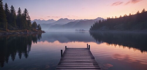 soft focus on a serene lake landscape at dusk , evening scene, sunset