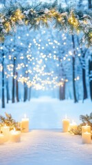 Snow-covered garlands with glowing string lights frame a winter pathway lined with white candles, creating a magical holiday atmosphere.