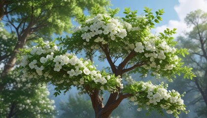 Fototapeta premium Tall tree with green leaves and white flowers, flowering tree, garden