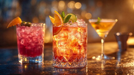Refined tropical mixology display with cocktails and garnishes, ideal for chic and elegant background header or website banner designs